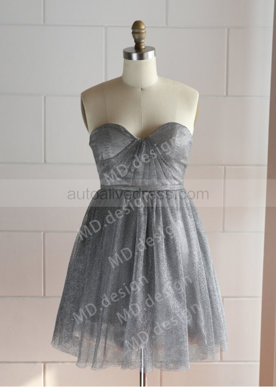 Gray Glittering Tulle Knee Length Prom Dress